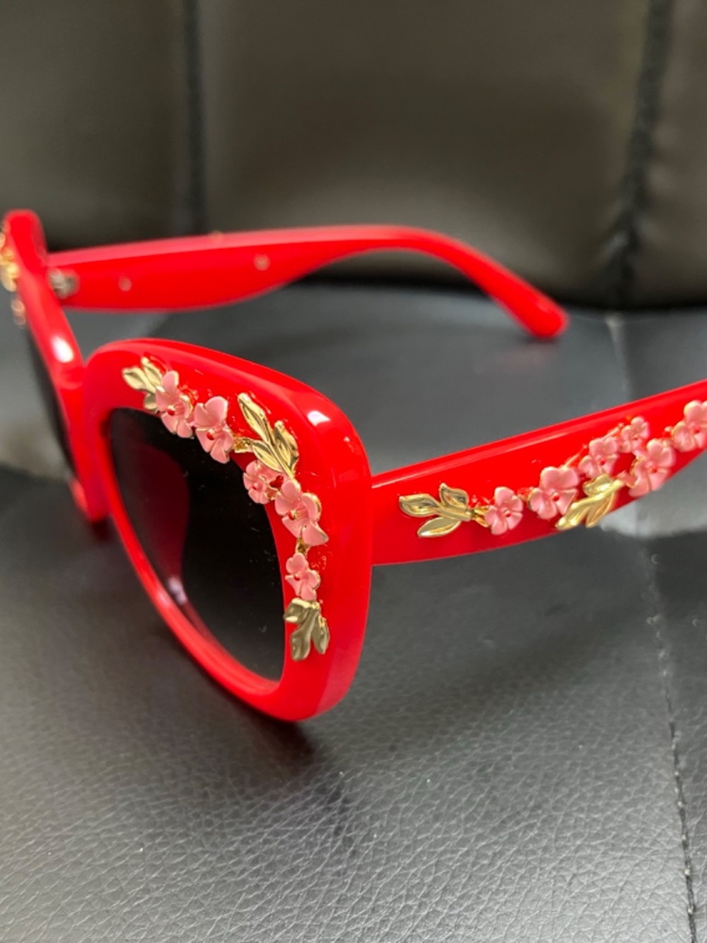 Red Plastic Cat Eye Sunglasses w/ Pink & Gold Flower Design - Picture 2 of 3
